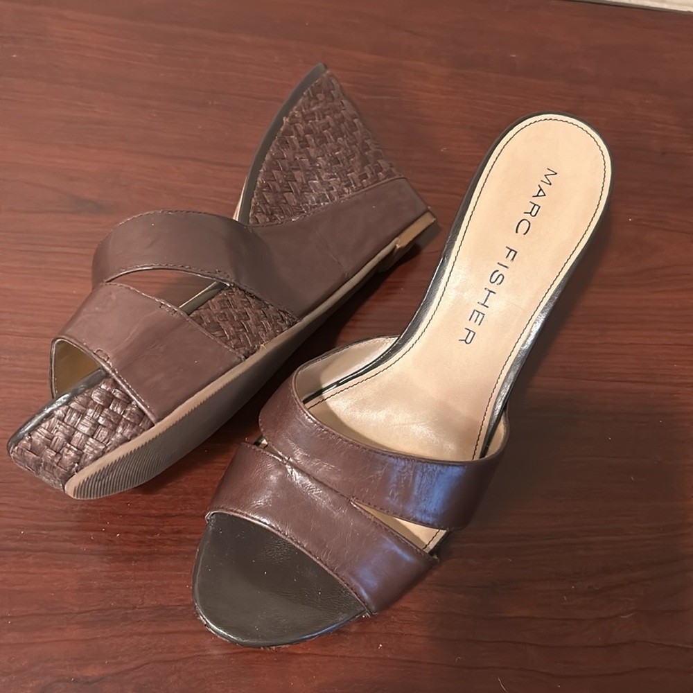 Gorgeous Platform Dark Brown Leather and Woven Wedges!